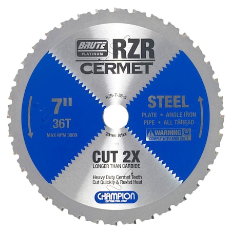 Brute Platinum 7in Brute RZR Cermet Tipped Circular Saw Blades for Steel, 36 Teeth, 20mm Arbor CHA RZR-7-36-S